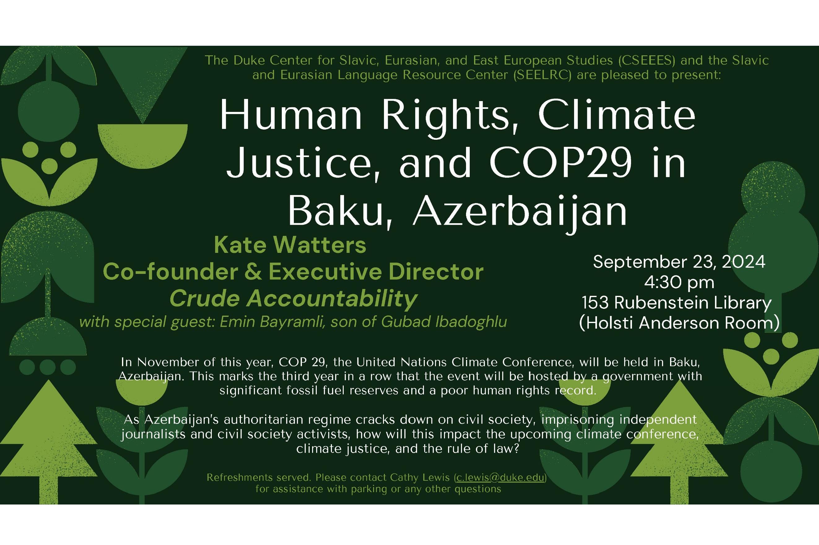 Kate Watters Emin Bayramli Human Rights in Azerbaijan flyer Sept 23 430 pm Rubenstein Library